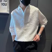 Half Button Shirt Texture Pattern 3/4 Sleeve Casual Korean Style 