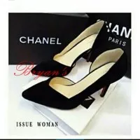 SEPATU HIGH HEELS BLACK HITAM SUEDE 7CM,,SEPATU KANTOR.HEELS KANTOR.