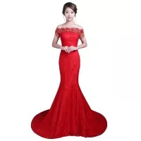 1706025 Putih/Merah Mermaid Ekor Gaun Pengantin Wedding Gown Dress