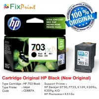 Tinta Printer HP 703 Black CD887AA Ink Cartridge K109 K209a F735 K510