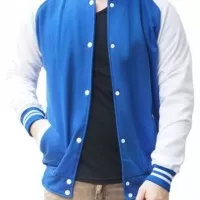 JAKET POLOS BASEBALL BIRU LIST PUTIH ! SWEATER BASE BALL MURAH VARSITY