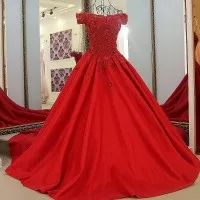 1708084 Merah Sabrina Ekor Gaun Pengantin Wedding Gown Dress