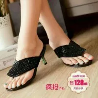 sandal high heels japit daun mote manik permata hitam 6cm blink