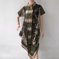 Baju dress tunik model V lengan pendek batik cap katun wanita murah