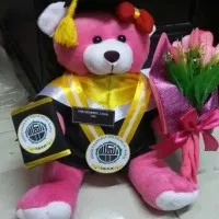 boneka wisuda teddy bear coklat muda/pink fanta 32cm + buket bunga