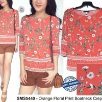 ATASAN ORANGE FLORAL PRINT BOATNECK CREPE TOP