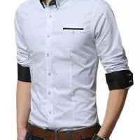Kemeja Pria / Pakaian Pria kemeja slim fit warna putih kombinasi