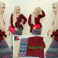 Baju Busana Muslim Hijab Maroon Peplum Tribal Set 3in1 New Termurah