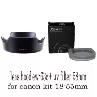 uv filter 58mm + lens hood ew 63c lenshood for lensa canon kit 18-55mm
