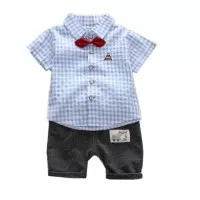 Setelan baju baby motif kemeja biru clana grey imut