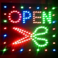 Papan Tulisan Lampu LED Sign ~ OPEN pelangi + logo gunting ~