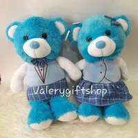 Boneka Couple Pasangan Teddy Bear Beruang Biru Dress Biru Valentine