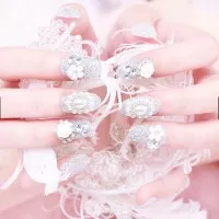 nail art wedding 3D - 24Pcs Kuku Palsu dengan Hiasan Berlian,Mutiara