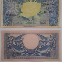 Uang kertas kuno antik 5 lima rupiah tahun 1959 uang mahar