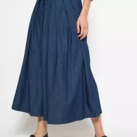 Women's Buttoned Pleats Long Denim Culottes - Biru