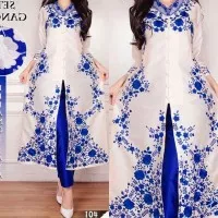 Kebaya Modern Abaya Taveta Silk Import Putih & Biru