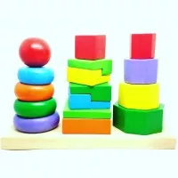 Mainan Edukasi Menara Tiga Bentuk - Mainan Kayu Donat Susun