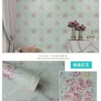 Wallpaper Sticker Dinding Hijau Toska Motif Bunga Shaby Flower Batik