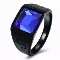 Cincin Pria Titanium Diamond Dengan Blue Safir / Cincin Titanium hitam