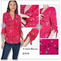 BBJ08045 NYC Pink Love Print Vneck Roll sleeve Blouse