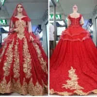 gaun merah gold kebaya pengantin nikah muslimah set kerudung