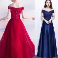 TB 188 Gaun Pesta Long Party Maxi Dress Biru Merah Hitam Import
