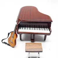 Miniatur Grand Piano Plus Gitar Akustik Coklat 1/12 dan Strap