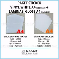 Paket Sticker Stiker Vinyl Inkjet Putih Glossy + Laminasi Glossy A4