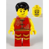 Lego Minifigure Man, Lion Dance, Red Shirt, Red Legs with Gold Fringe