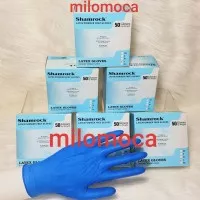 Sarung tangan lateks warna biru merek shamrock non powder isi 50