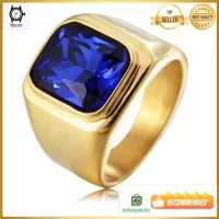 Cincin Pria Titanium 316L Gold Batu Safir Biru Blue Saphire Octagon