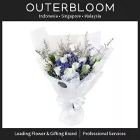 Buket Bunga Ultah - White Rose And Blue Hydrangea Hand Bouquet