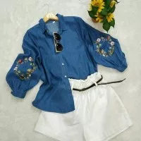 Denim blouse long sleeve bermotif bordiran bunga, keren dan rapi