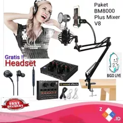 PAKET PREMIUM SMULE BM8000 Plus Mixer Soundcard V8 Stand Holder HP Pop Filter Karaoke Youtuber Vlogger Smule Bigo Live Rekaman Terbaik Termurah