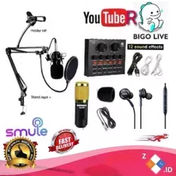 PAKET PREMIUM 2 SMULE BM800 BM700 BM8000 Plus Mixer Soundcard V8 Stand Pop Filter HP Holder Karaoke Youtuber Vlogger Smule Bigo Live Rekaman Pro