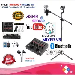 NEO PAKET Recording V8 Bluetooth Plus Mic BM 8000 Soundcard  V8 Headset Plus Stand Pro ASMR Youtuber Bigo Live Smule Starmaker Echo Reverb