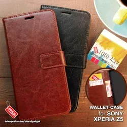 Wallet Flip Case Sony Xperia Z5 Leather Flipcase Soft Cover Flipcover Sarung Dompet Kulit Warna Hitam Coklat Docomo
